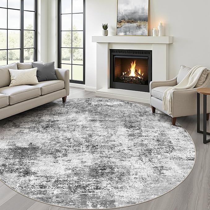 8ft Round Rug Living Room: 8x8 Washable Large Neutral Circle Area Rug Abstract Soft Modern Stain Resistant Indoor Floor Non-Slip Carpet for Bedroom Nursery Kids Office Playroom Dining Room- Black Gray