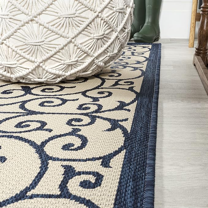 JONATHAN Y Vintage Filigree Indoor Outdoor Runner Rug 2X10 Navy/Beige, Madrid Textured Weave for Backyard, Patio, Porch, Easy-Cleaning, High Traffic, Pet-Friendly, Non-Shedding (SMB107G-210)