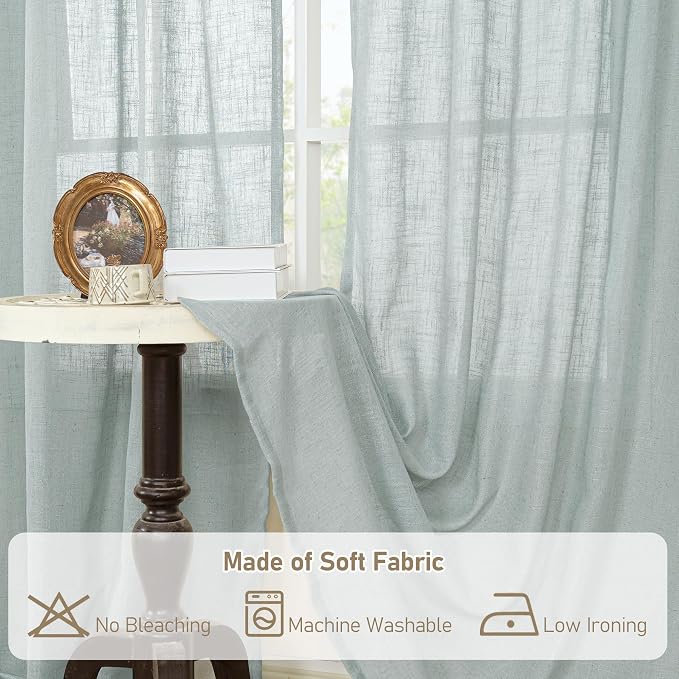 LAMIT Linen Semi Sheer Curtains 48 Inch for Bedroom, Light Filtering Neutral Window Curtains Farmhouse Boho Back Tab and Rod Pocket Panels, Greyish Blue, 2 Panels, 52 x 48 Inch