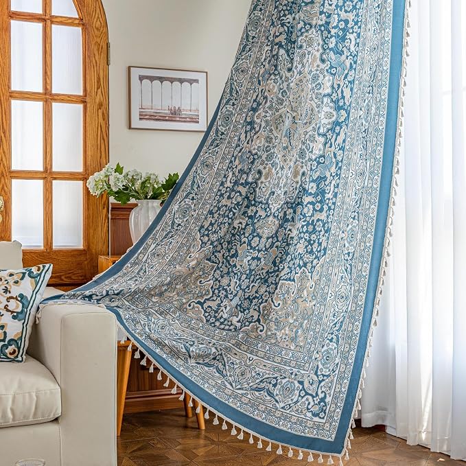 Blue Medallion Curtains 54 Inches Long, Boho Farmhouse Light Filtering Rod Pocket Drapes with Tassel Trim for Bedroom Living Room, 2 Panels