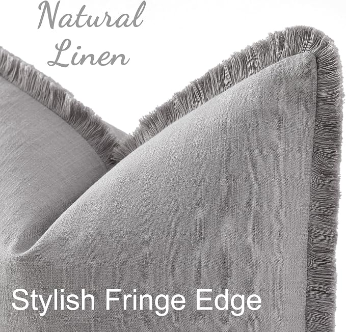 decorUhome Linen Fringe Light Grey Throw Pillow Covers 20x20 Set of 2 | Decorative Soft Accent Modern Boho Farmhouse Cushion Covers with Tassels Cotton Pillow Covers for Couch Bed Sofa
