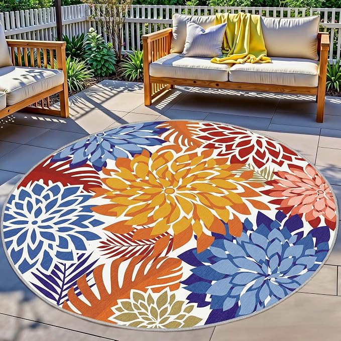 Colorful 6FT Outdoor Round Area Rug Washable Rugs Multicolored Patio Rug Tropical Botanical Floral Chenille Waterproof Outdoor Carpet for RV, Pool Deck, Backyard, Porch, Vivid Dahlia
