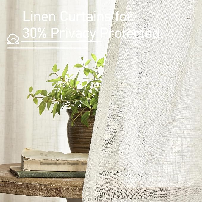 LAMIT Ivory 90 Inches Long Linen Sheer Curtains for Living Room, Back Tab and Rod Pocket Natural Curtains Light Filtering Boho Panels for Bedroom/Dining Room, Set of 2, 52 x 90 Inch