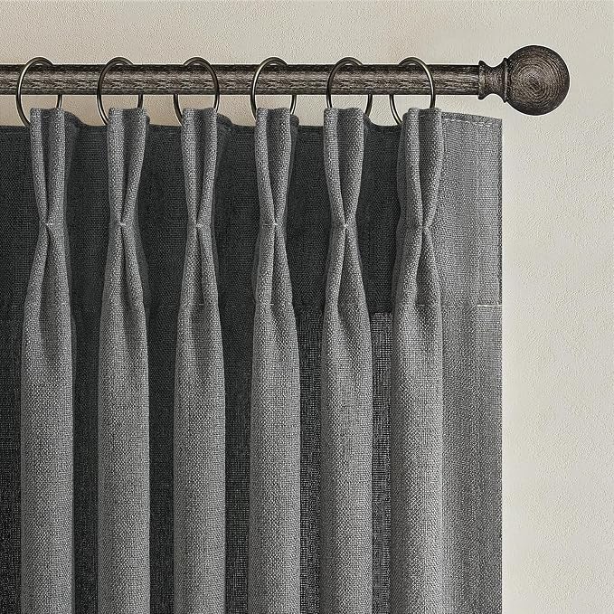 Dark Gray Sheer 90 Inches Long Bedroom Curtains 2 Panels Set, Pinch Pleated Faux Linen Semi Through Privacy Sheer Curtain That Let Light in Dining Room Charcoal Grey 7-1/2 FT Luxury Drapes Hooks Rings