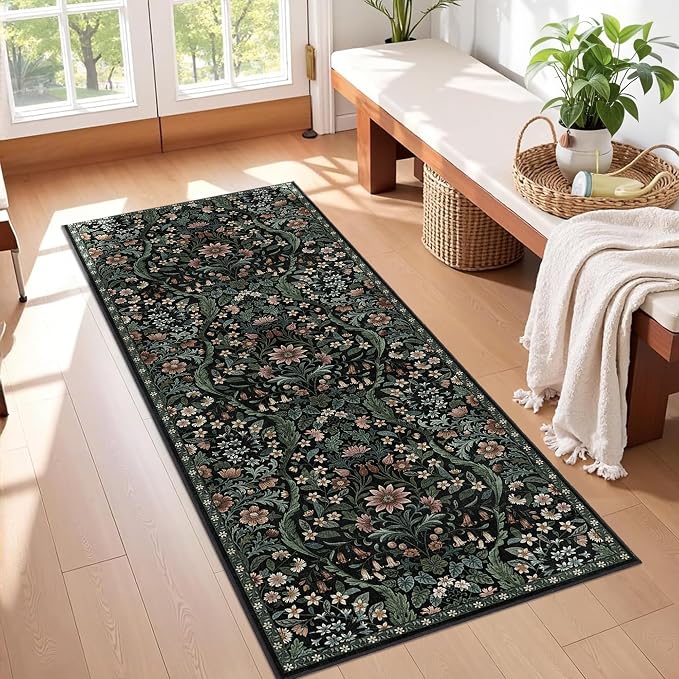 2x5 Washable Runner Rug,Black Floral Boho Area Rug for Hallway,Low-Pile Non-Slip Stain Resistant Carpet for Kitchen, Bedside,Laundry Room,Entryway