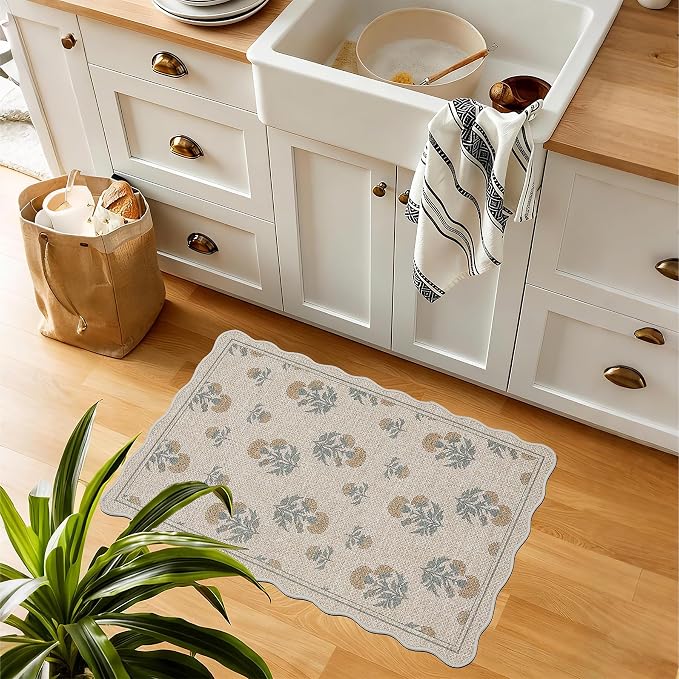 ORTIGIA Scalloped Easy Jute 2x3 Area Rug Vintage Yellow Floral Farmhouse Washable Rug Non-Slip Indoor Outdoor Carpet for Living Room Bedroom Kitchen Patio Entryway