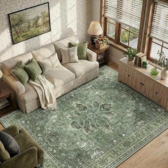 RELEANY Area Rugs 7'x9' Washable Non-Slip, Floral Vintage Distress Medallion Carpet for Living Room Bedroom Dining Room, Dark Green Gray
