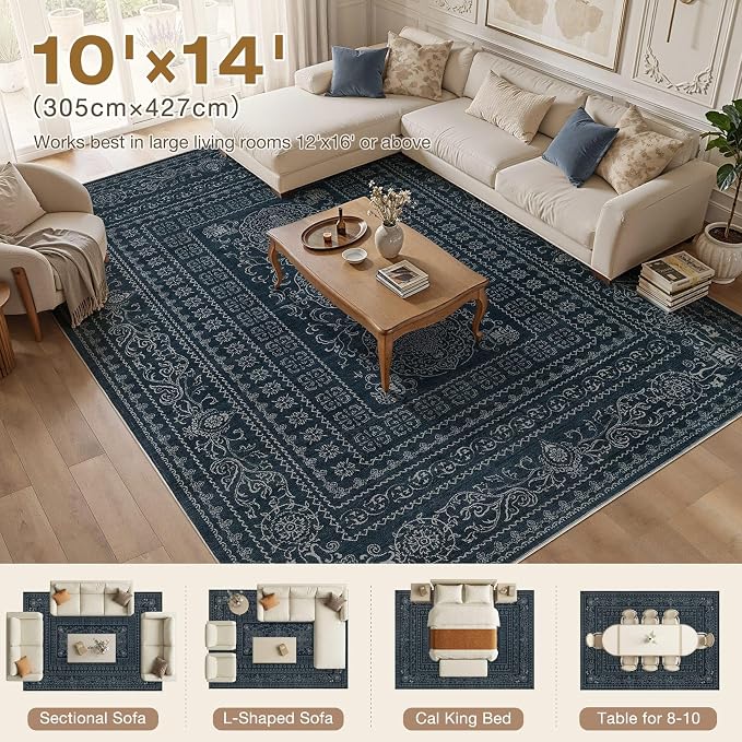 Nakagishi 10x14 Area Rugs Living Room: Washable Large Vintage Rug Neutral Non-Slip Soft Stain Resistant Indoor Carpet for Bedroom Nursery Dining Room Office Playroom - Navy