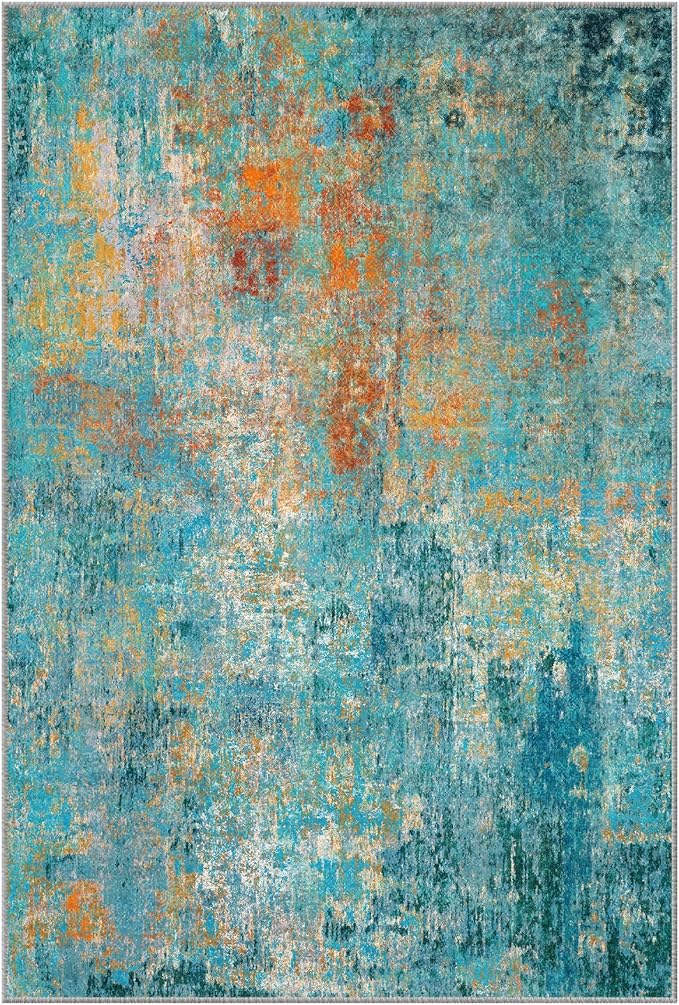 RELEANY Washable Area Rugs 7'x9' Non-Slip Modern Abstract Soft for Living Room Entryway Bedroom Kitchen, Print Pattern, Teal Blue Green Orange Rust Red Coloreful