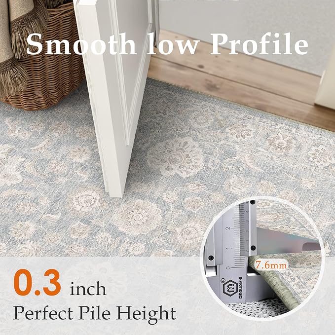 10x12 Blue Cream Area Rug for Living Room Bedroom Neutral Floral Soft Non Slip Rug Low Pile Distressed Large Carpet for Dining Room Nursery Office Indoor