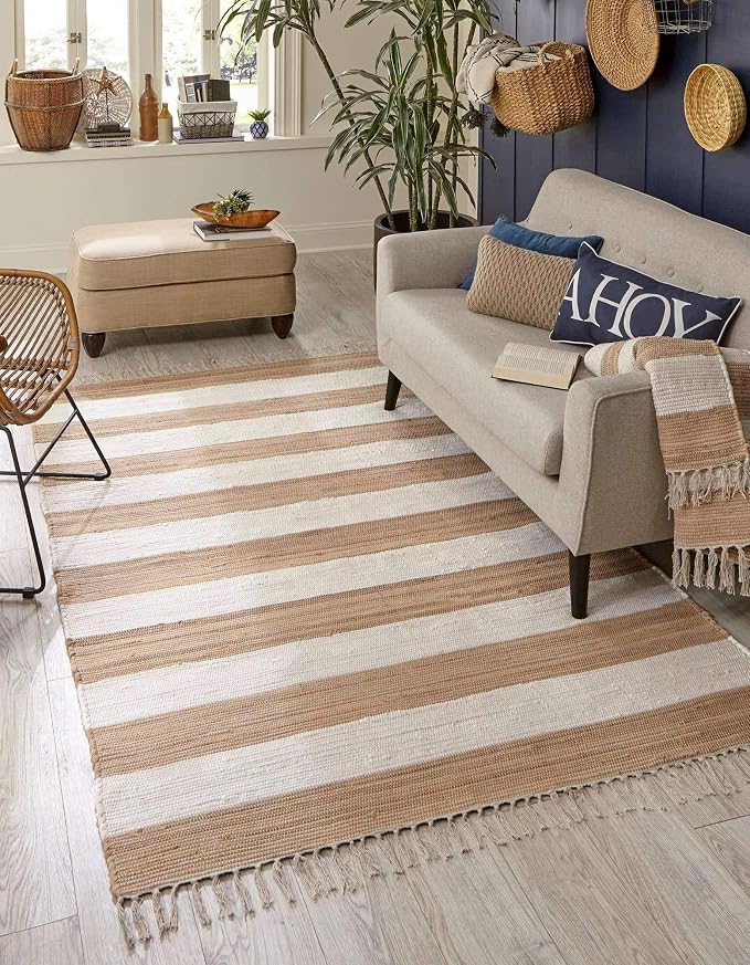 Unique Loom Chindi Rag Collection Area Rug - Striped (10'x 14' 1" Rectangle, Beige/ Ivory)