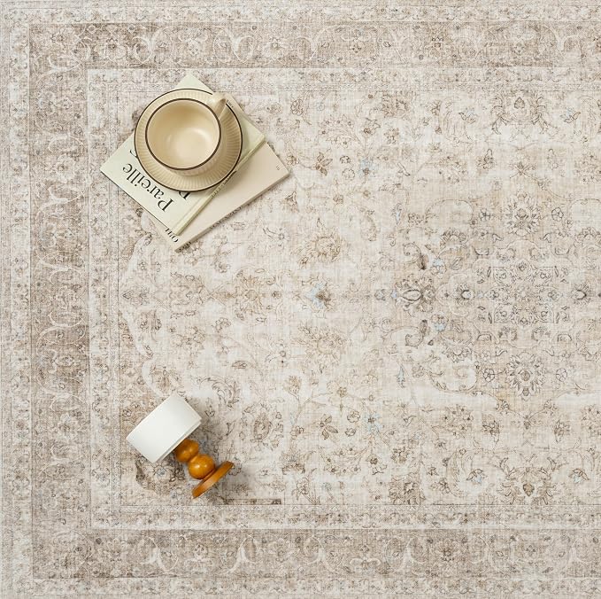 PureCozy 4x5 Washable Small Area Rug Beige Vintage Traditional Oriental | Non Slip, Soft Low Pile, Indoor Carpet for Entryway, Kitchen, Bathroom, Distressed Retro Decor