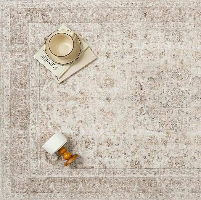 PureCozy 6x9 Area Rug Washable Beige Vintage Traditional Oriental | Non Slip, Soft Low Pile, Indoor Carpet for Living Room, Bedroom, Dining Room, Distressed Retro Decor