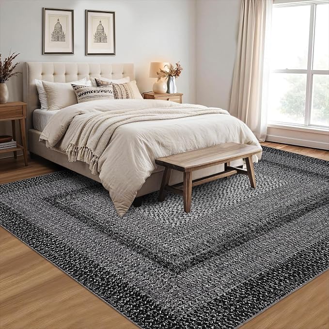 RUGSREAL 8x10 Washable Area Rug for Living Room with Rubber Backing Boho Rug Stain Resistant Large Bedroom Throw Carpet Modern Geometric Floor Cover Bohemian Border Rug for Home Decor Office, Black