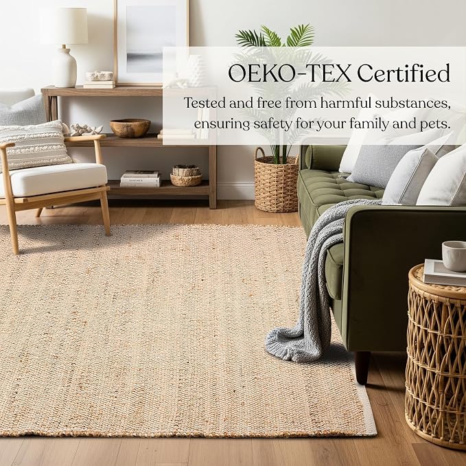 Handwoven Jute and Cotton Area Rug - Natural Rug, Farmhouse Accent Rug for Living Room, Bedroom, or Entryway - Sustainable, Flatweave - (5x8 Ivory)
