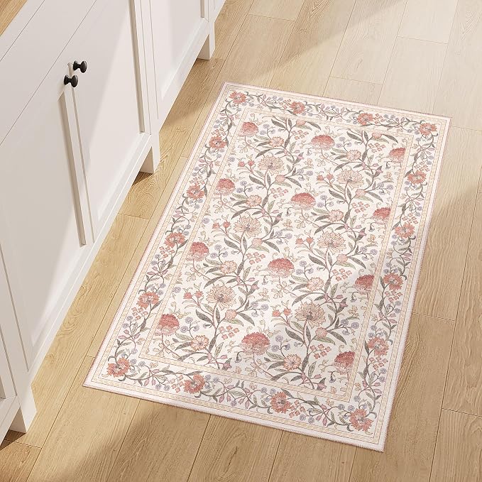 DUKINO 2x3 Rug, Washable Vintage Floral Bathroom Rugs Non Slip, Beige Pink | Low Pile, Stain Resistant Boho Soft Indoor Door Mat, Small Front Door Carpet for Entryway Kitchen Laundry Bedroom Farmhouse