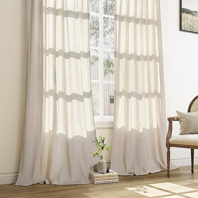 Aersas Natural Pinch Pleat Linen Curtains 108 Inch Length 2 Panels Set for Bedroom Dining Room Semi Sheer Linen Boho Farmhouse Neutral Window Curtains 108 Inches Long for Living Room Nursery 50x108