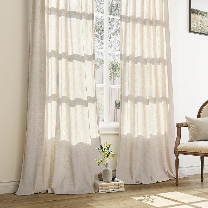 Aersas Natural Pinch Pleat Linen Curtains 130 Inch Length 2 Panels Set for Bedroom Dining Room Semi Sheer Linen Boho Farmhouse Neutral Window Curtains for Living Room Nursery Natural Cream 50x130