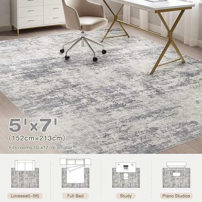 Abstract 5x7 Area Rug: Machine Washable Non Slip Ultra Thin Low-Pile Carpet, Soft Stain Resistant for Living Room Bedroom Nursery, Kid Pet Friendly, Robot Vacuum Compatible - Beige Dark Grey