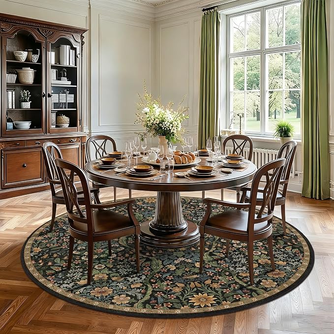 Round Rug 7ft Black Brown Washable Floral Circle Rug,Vintage Boho Botanical Round Area Rugs, Non-Slip Soft Low-Pile Circular Carpet for Bedroom,Kids Room,College Dorm,Home Decor
