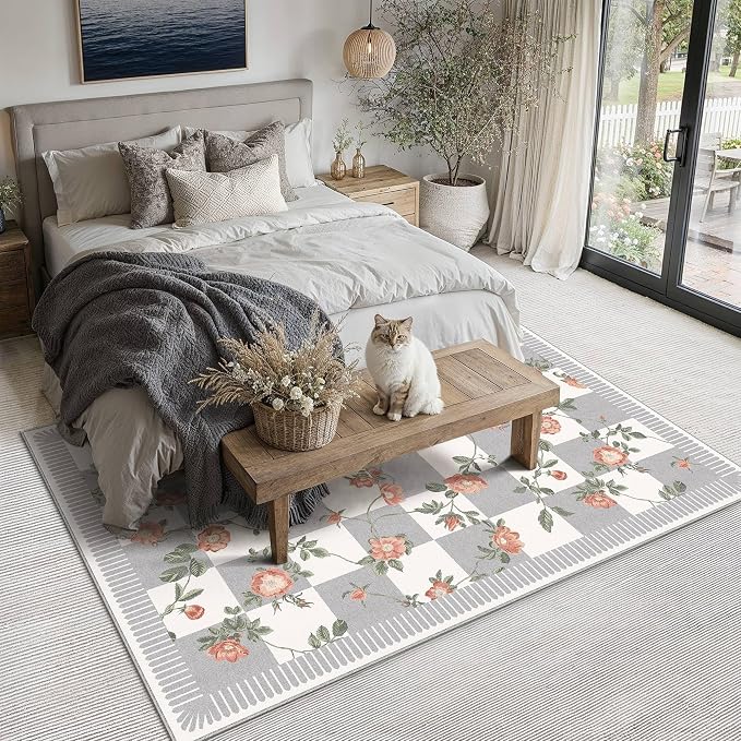 HUGEAR 5x7 Checkered Area Rugs Machine Washable Grey Living Room Rug Floral Print Non-Slip Stain Resistant Low Pile Indoor Throw Carpet for Bedroom Home Unique Aesthetic Modern Decor