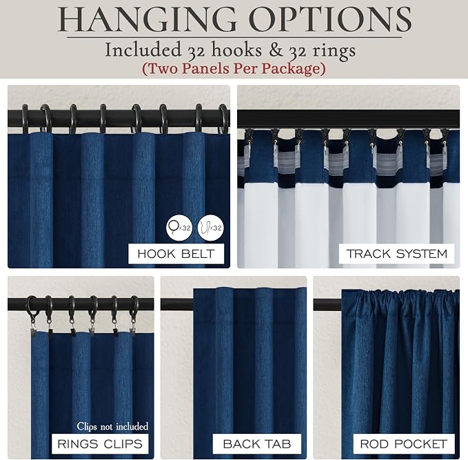 Navy Blue Blackout Curtains 100 Inch Length for Boys Rooms/Bedroom, Floor to Ceiling Track Pleated Drapes with Hooks Linen Thermal Coastal Curtain Dark Blue Window Burg 50"Wx100"Lx2Panels Back Tab