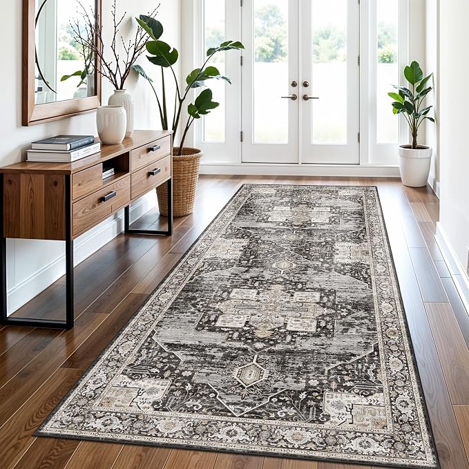 3x7 Washable Entryway Rug Runner - Vintage Non Slip Stain Resistant Runners Ultra-Thin Soft Carpets for Kitchen Hallway Bedroom Laundry Room Distressed Indoor Home Decor Mat 3X7 Black