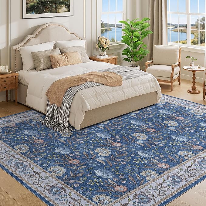 DUKINO 8x10 Area Rug Vintage Floral Washable Rug for Living Room, Sky Blue | Non Slip, Low Pile, Non-Shedding, Stain Resistant Boho Soft Indoor Large Carpet for Bedroom Dining Room Farmhouse, Home Decor