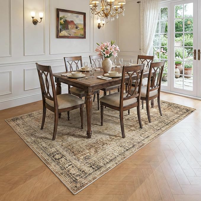 FMFUNCTEX 5x7 Washable Area Rug Brown Neutral Vintage Distressed Oriental Large Non Slip Carpet for Living Room Bedroom Traditional Retro Soft Low Pile Indoor Rugs for Dining Room Office Nursery