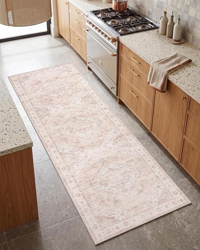 Garvee Pink 2x6 Kitchen Runner Rug Washable Non Slip Boho Vintage Long Rug for Hallway Bathroom Entryway Laundry Room Mat TPE Backing