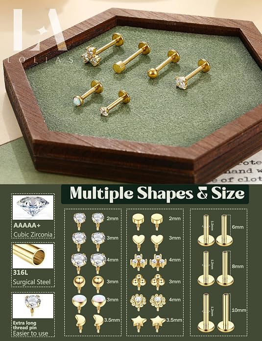 LOLIAS 16G 18G Flat Back Stud Earrings for Women - Hypoallergenic Surgical Steel Internal Thread Stud Piercing Jewelry for Tragus Helix Cartilage Conch Nose 6MM 8MM 10MM Lip Labret Medusa Piercing