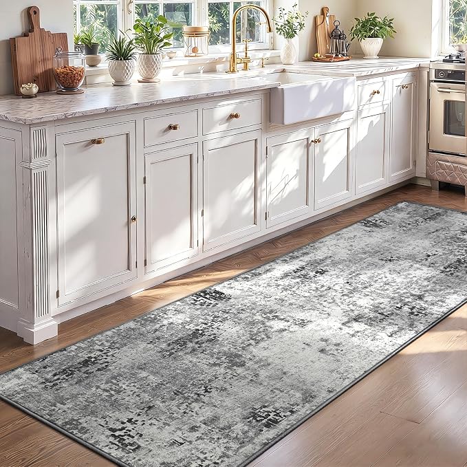 2x7 Grey Rug Runners for Hallways Kitchen Runner Rug Non Slip Washable Black Long Runner Rugs with Rubber Backing Soft Abstract Carpet Runner for Bedroom, Kitchen, Bathroom, Entryway
