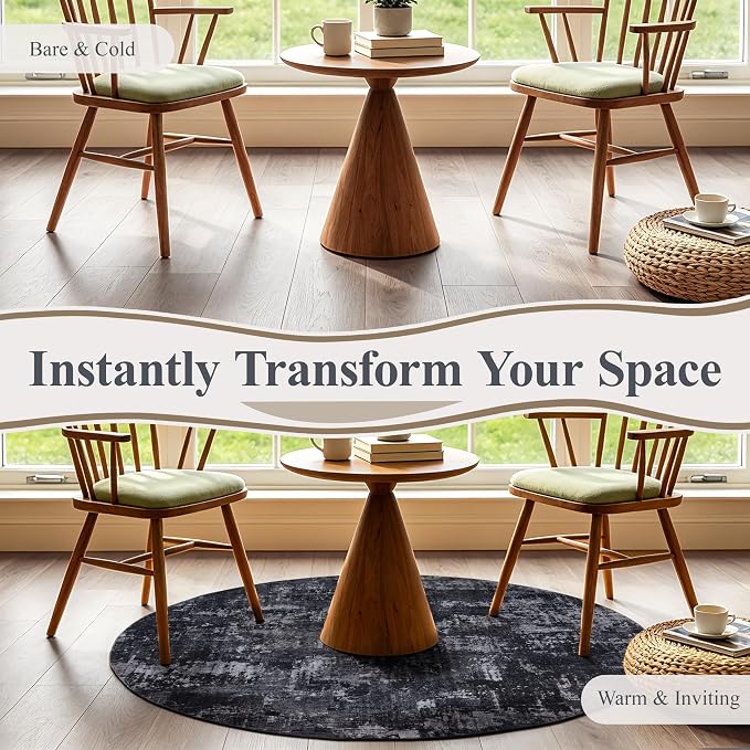 Sasttie 6ft Soft Round Area Rug, Modern Abstract Washable Circle Carpet for Living Room, Bedroom, Dining Room Table, with Non-Slip Backing, Black and Grey