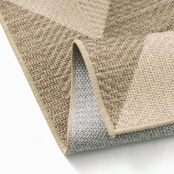 HUGEAR 3x5 Outdoor Rug Brown/Beige Linen-Look Fabric Checkered Area Rug High Traffic Stain Resistant Easy Clean Durable Rugs for Indoor/Outdoor Patio Deck Balcony Porch Garden Courtyard