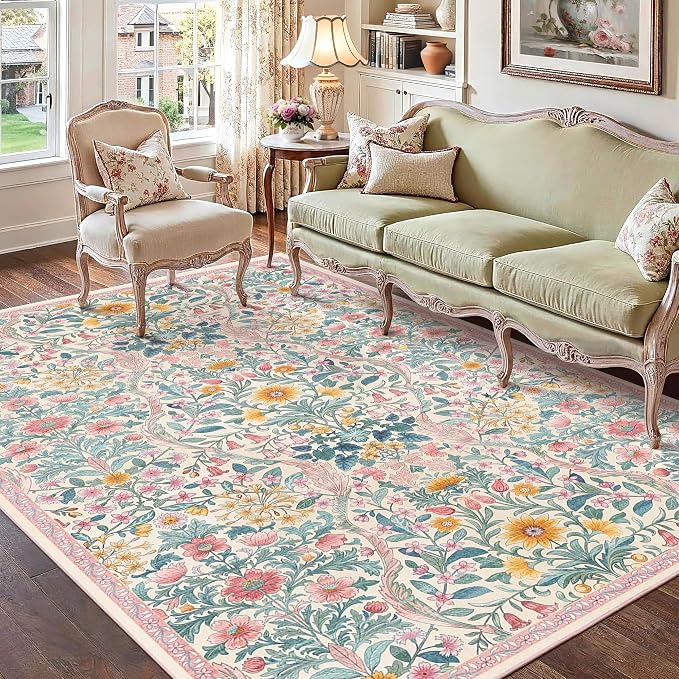 Floral Washable 6x9 Area Rug，Light Pink Boho Rugs for Living Room, Soft Low-Pile Non-Slip Stain Resistant & Non-Shedding Carpet for Girls Bedroom,Dining Room,Office,Entryway,Nursery