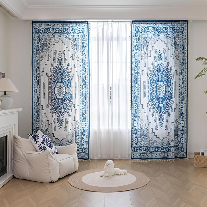 Blue Geometric Curtains 54 Inches Long, Boho Farmhouse Light Filtering Rod Pocket Drapes with Tassel Trim for Bedroom Living Room, 2 Panels