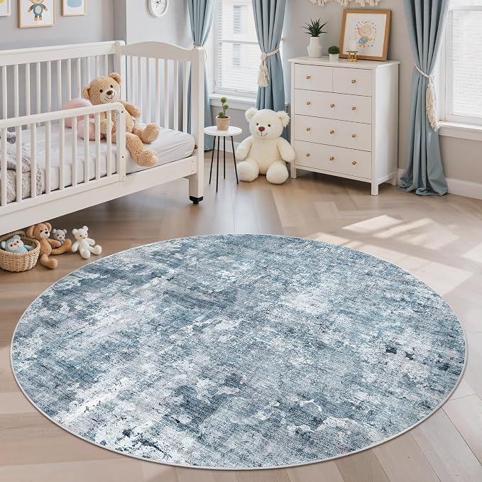 Soalmost 5x5 Blue/Grey Round Rug 5ft Living Room Circle Rug Vintage Round Area Rug Non Slip Indoor Carpet for Entryway Dining Room Bedroom
