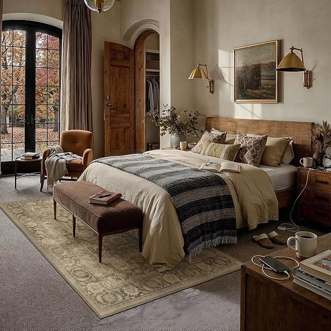 PureCozy 8x10 Brown Living Room Area Rug Vintage Washable Non Slip Indoor Carpet Distressed Low Pile Soft Retro Accent Throw Large Rug for Bedroom Dining Room Office