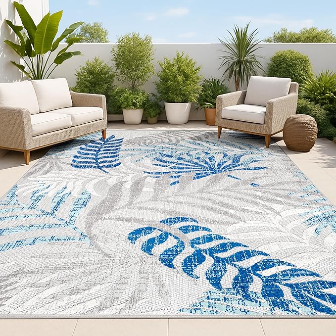 JONATHAN Y Tropics Palm Leaves Indoor Outdoor Area Rug 3X5 Gray/Blue | Ships Rolled, Durable Flat Weave, Lays Flat for Backyard, Patio, Porch, Easy-Cleaning, High Traffic,Pet-Friendly,Non-Shedding