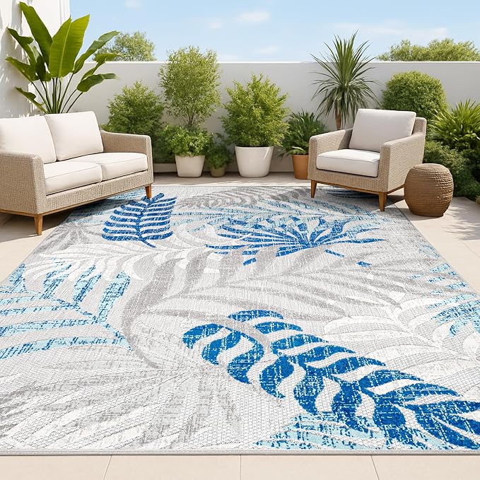 JONATHAN Y Tropics Palm Leaves Indoor Outdoor Area Rug 5X8 Gray/Blue | Ships Rolled, Durable Flat Weave, Lays Flat for Backyard, Patio, Porch, Easy-Cleaning, High Traffic,Pet-Friendly,Non-Shedding