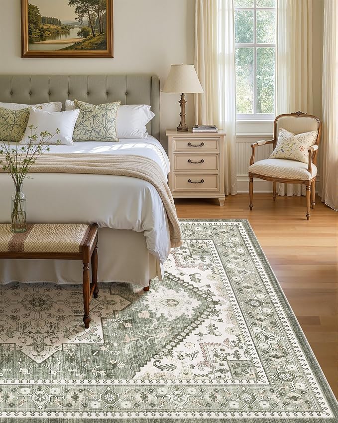 12x15 Vintage Area Rug: Washable Neutral Soft Non Slip Thin Large Floor Carpet for Living Room Bedroom Kitchen Dining Room Home Office Farmhouse Indoor - Green