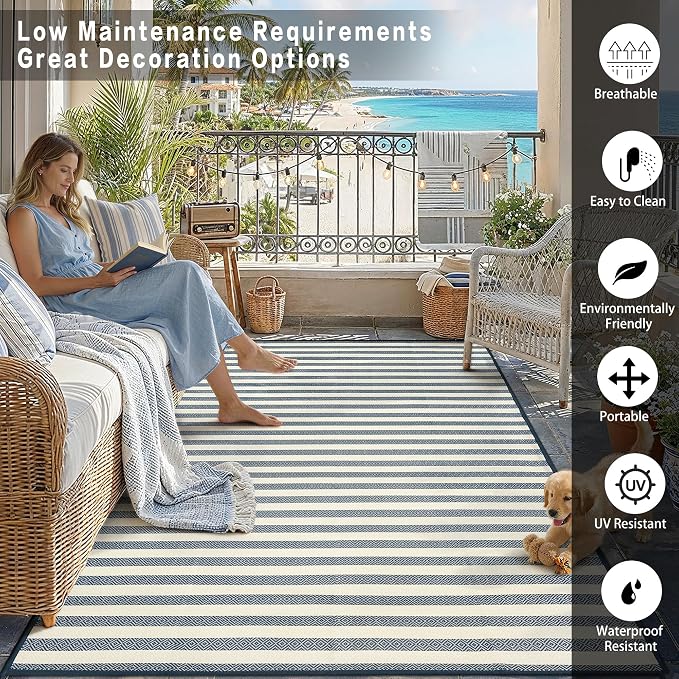 HUGEAR 8'x10' Outdoor Rug Waterproof Plastic Straw Rugs Large Blue Stripe Reversible Mat Floor Carpet for Camping RV Deck Entryance Porch Picnic Balcony Beach Backyard