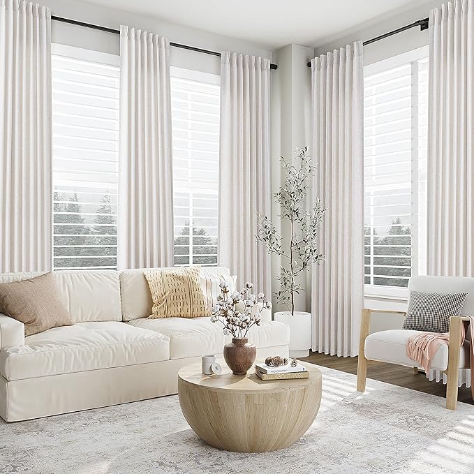 Aersas Beige White Pinch Pleated Linen Curtains 63 Inch Length 2 Panels for Living Room Bedroom Semi Sheer Window Curtain Boho Neutral Back Tab Pinch Pleat Drape with Hooks 40x63