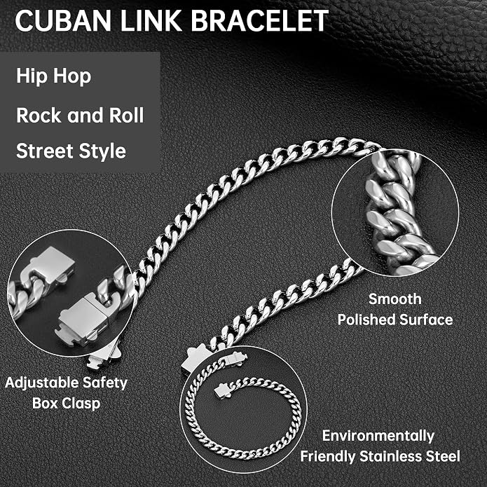 murtoo Mens Cuban Link Chain Bracelet, 6/8/12MM Stainless Steel Bracelets for Men Silver Black Gold, Hip Hop Link Bracelet with Detachable Clasp Gift for Men Him