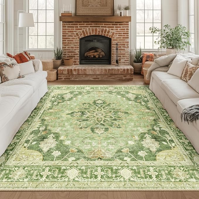 RELEANY Area Rugs Square 8ft Washable Non-Slip, Floral Vintage Distress Medallion Carpet for Living Room Bedroom Dining Room, Sage Green Yellow