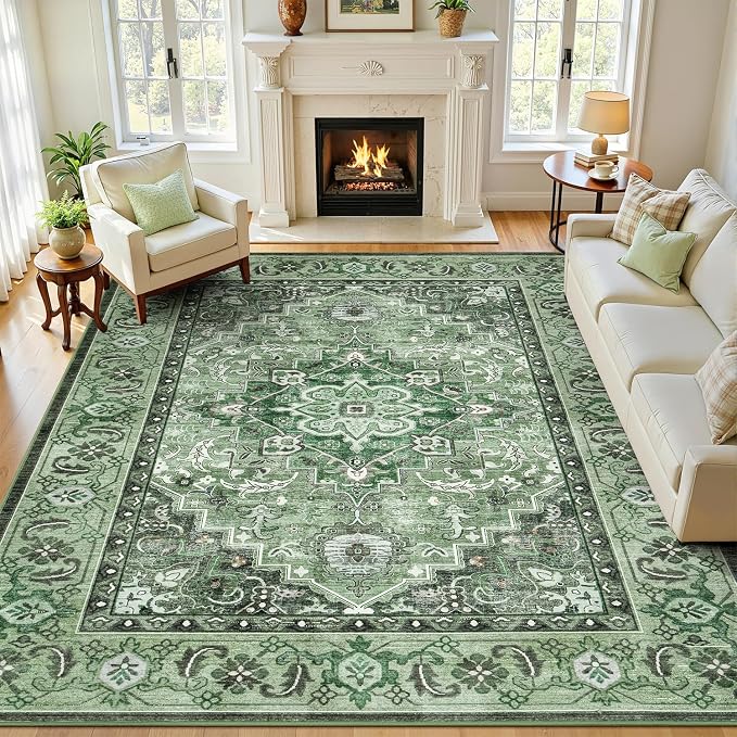 Lofus 8x10 Washable Rugs Non-Slip, Vintage Floral Area Rug for Living Room Bedroom Dining Room Kitchen, Low Pile Distress Print Medallion Carpet Home Decor Rug, Floral Sage Green