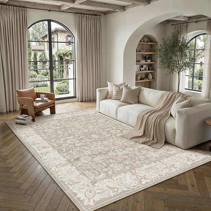 6x9 Taupe Washable Area Rug Non Slip Retro Distressed Carpet | Soft Low Pile, Lightweight Foldable, Pet Friendly, Living Room, Bedroom, Dining Room, Classroom, Playroom