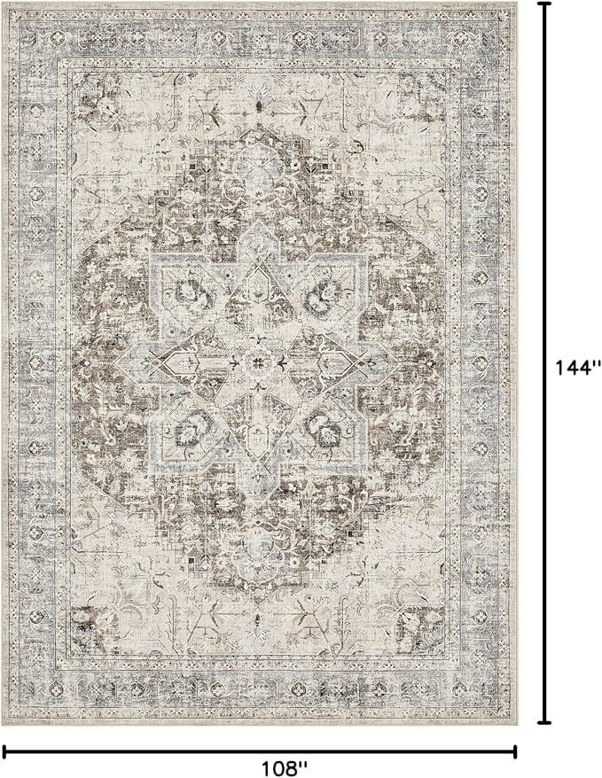 Tortania Area Rug Living Room Rugs - 9x12 Washable Boho Rug Vintage Oriental Distressed Farmhouse Large Thin Indoor Carpet for Living Room Bedroom Under Dining Table Home Office - Brown Blue