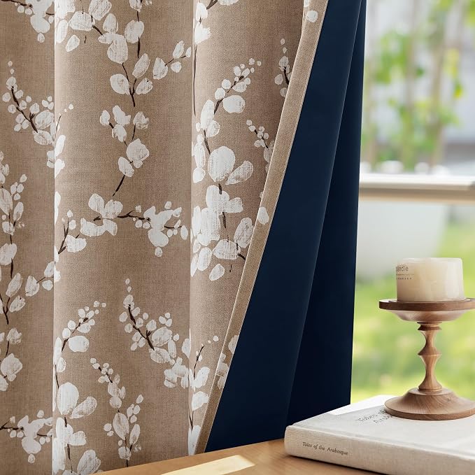FMFUNCTEX 100% Blackout Brown Floral Curtains 63 Inch Grommet 2 Panels | Black Out Drapes, Thermal Insulated Cottage Farmhouse, Blossom Flower Patterned Curtain for Bedroom, Living Room Darkening