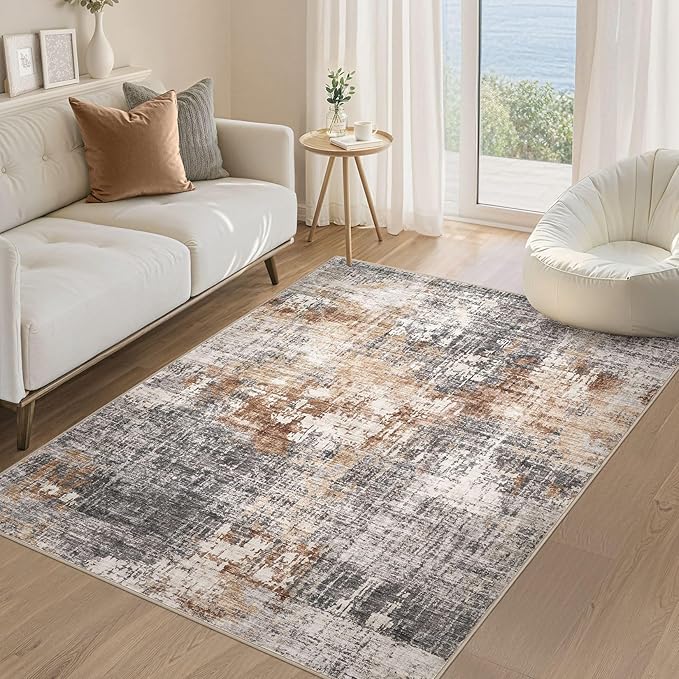 DMOYEST Area Rug Living Room Rugs - 4x6 Abstract Small Soft Indoor Washable Rug Neutral Modern Low Pile Carpet for Bedroom Dining Room Farmhouse Home Office - Grey Brown